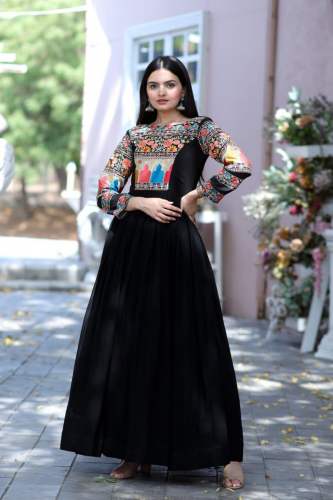 Black Color Faux Blooming Embroidery Work Gown 