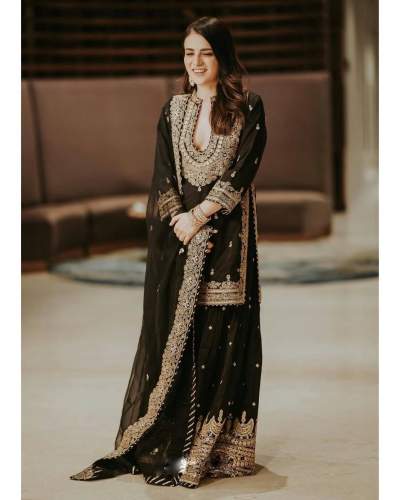 Black Color Faux Georgette Sharara Suits With Embroidery Work 