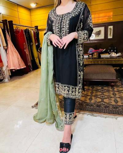 Black Color Fox Georgette Embroidery Work Suits