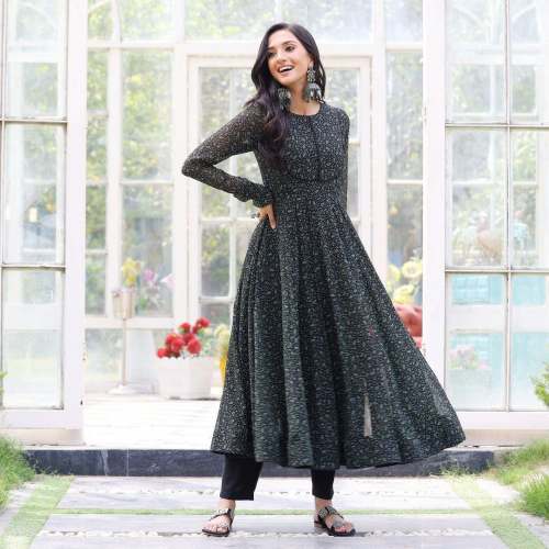 Black Color Fox Georgette Kurti With Digital Print 