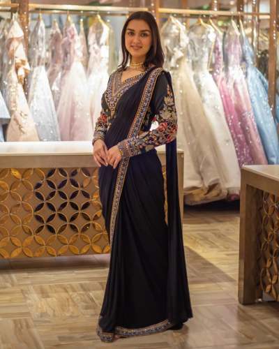 Black Color Georgette Heavy Embroidery Work Saree
