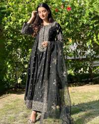 Black Color Heavy Taffeta Silk Gown & Dupatta With Embroidery Work 