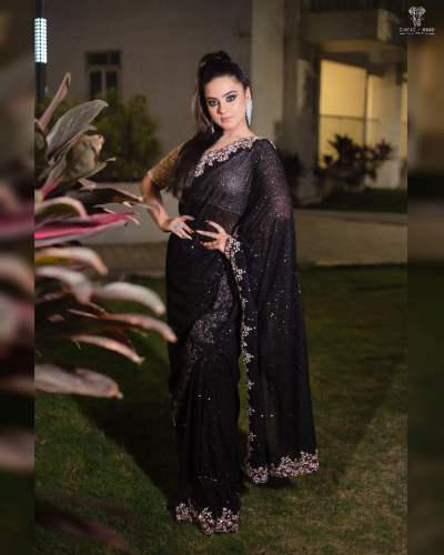 Black Color Party Wear Georgette Saree With Thread Embroidery Work 