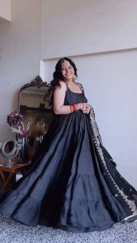 Black Color Satin Silk Gown With Dupatta