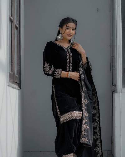 Black Color Viscose Velvet Embroidery Patiyala Style Suit