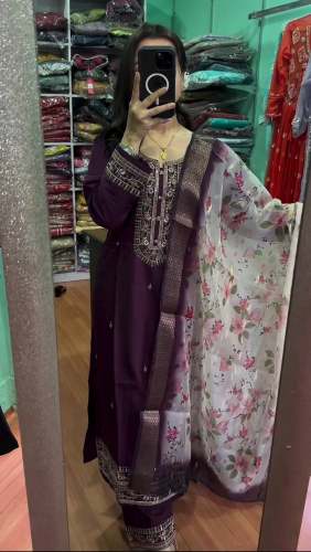 ChinnonSilk With Heavy Embroidery Sequence Work Top-Bottom And Dupatta Set