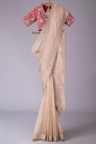Cream Heavy Organza Embroidery Cut Work Saree