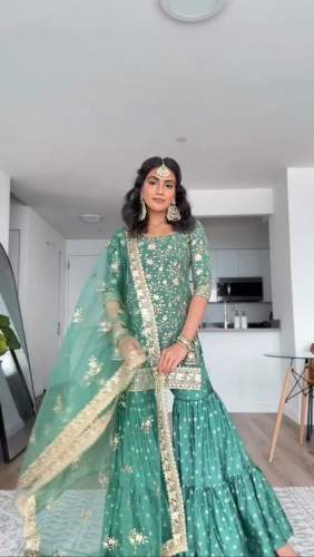 Designer Crep Satin Sequence Sharara Suits 