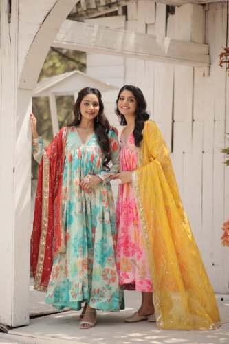 Designer Digital printed Russian Silk Alia Cut Anarkali