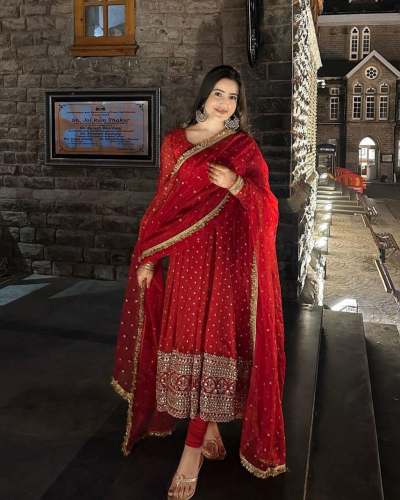 Designer Foux Georgette Anarkali Gown With Pant Dupatta Set