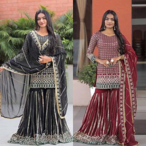Designer Georgette Sharara Plazzo Suit With Embroidery Work 