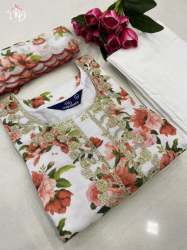 Designer Muslin Kurti Set With Organza Dupatta