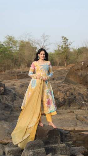 Designer Organza Anarkali Suit With Hand print Work and Foil work
