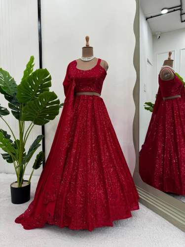 Designer Red Chinnon Silk Lehenga Choli 