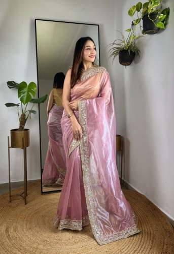 Designer Silver Tissue Silk Saree with Embroidery Work 