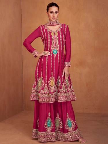 Embroidery Work Chinon Pink Color Suit