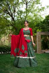 Fabulous Green Printed Cotton Navratri Lehenga Choli With Dupatta