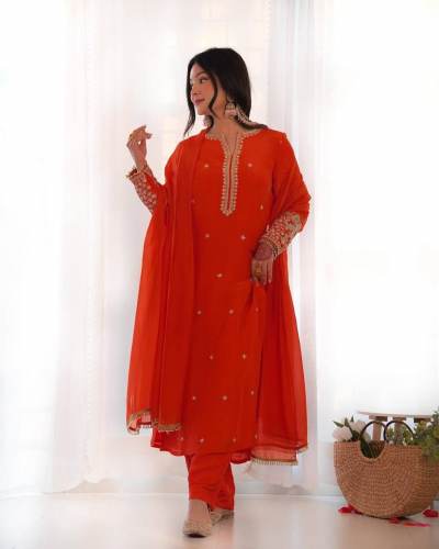 Faux Georgette And Heavy Embroidery Sequence Work Top-Bottom And Dupatta Set 