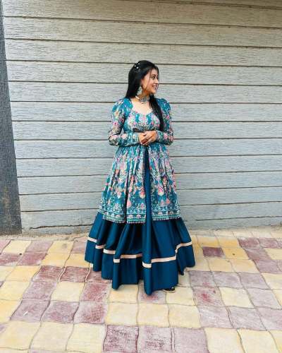 Presenting Blue And Brown Color Indo Western Digital Print Rayon Top With Fiyona Silk Lehenga