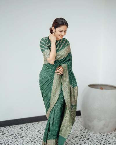Green Pure Banarasi Silk Weaved With Copper Zari 