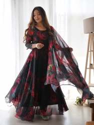 Heavy Faux Georgette Flower Printed Gown Pant With Dupatta