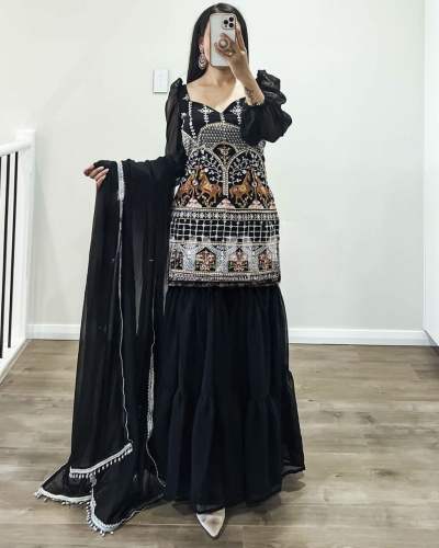 Heavy Faux Georgette Sharara Set With Embroidery Work