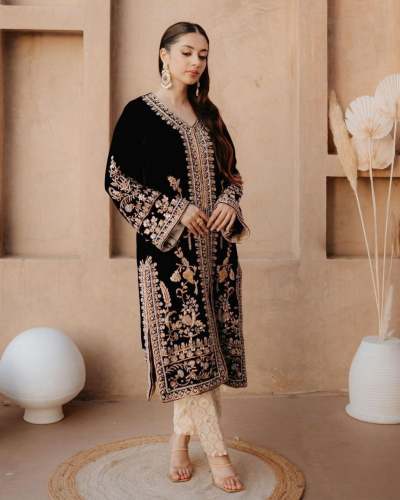 Heavy Viscose Velvet Suits With Embroidery Work 