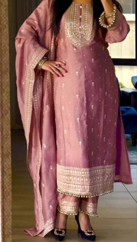 Hevay Pure Chinon Silk With Heavy Embroidery 5mm Sequence Work Suit