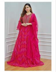 Hot Pink Faux Georgette Gown With Dupatta