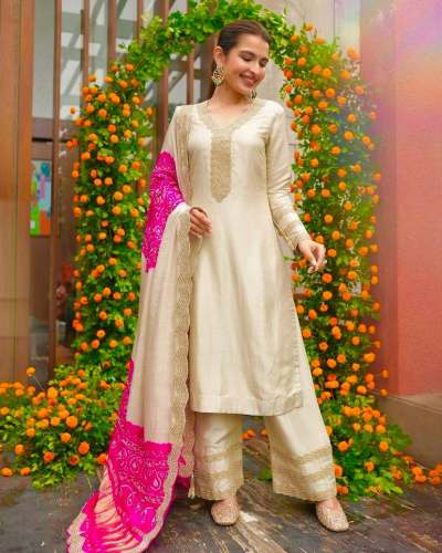 Introducing Kurti-Plazzo Set in Chinon Silk with Zari Embroidery Work