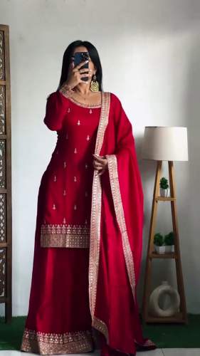 KARVA CHAUTH SPECIAL DESIGNER CHINON SILK EMBROIDERY WORK TOP PLAZO