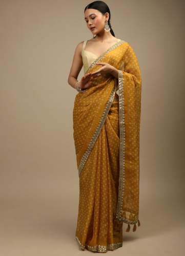 Mustard Yellow Chinon Printed Sequence Saree 