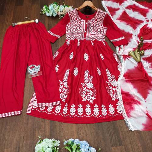 New Designer Rayon Cotton Kurti Pant Set With Chikankari Work