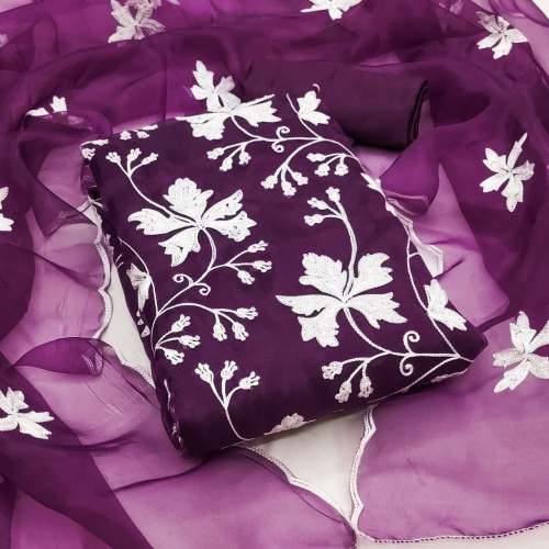 ORGANZA SILK WITH MULTI CHAIN STICH WORK DRESS MATERIAL