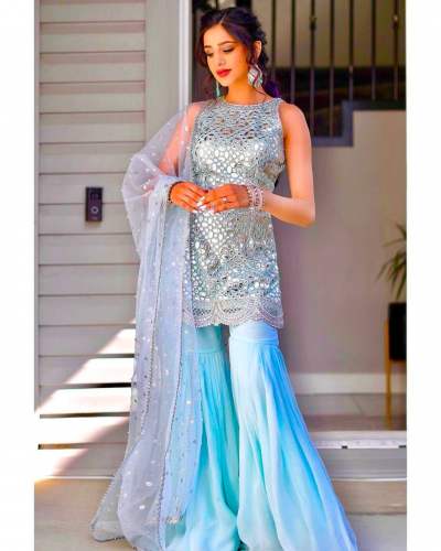 Party Wear Faux Georgette Embroidery Work Sharara Suits