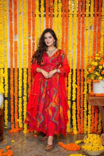  Party Wear Red Color Anarkali 3-Pair Suit Set 
