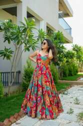  premium muslin designer Printed Gown With Frill work
