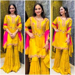 Presenting New Collection Pure Chinnon Top-Sharara and Dupatta Set