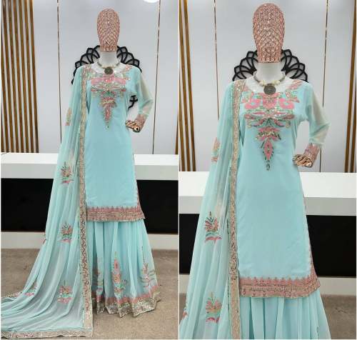 Presenting New Faux Georgette Embroidery Sharara Suit 
