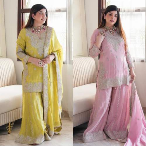 Presenting New Heavy Embroidery Sequence Work Top-Gharara And Dupatta Set
