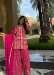 Presenting New Sharara Collection Faux Georgette Top-Bottom And Dupatta Set 