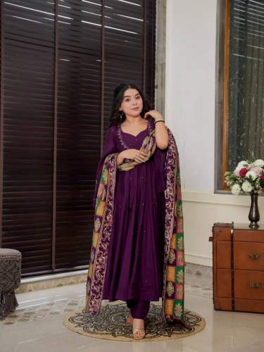 Pure Chinnon Silk Anarkali Suit Set With Embroidery Sequence Work 