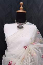 Pure Organza Lucknowi Flower Embroidery Saree