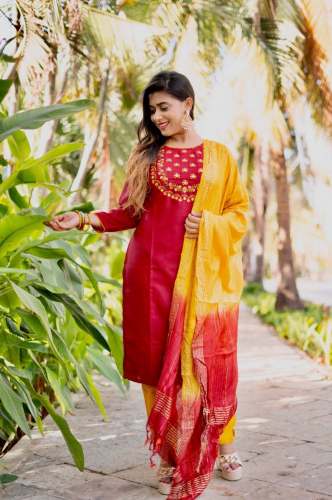 Red Color Cotton Kurti Pant Set With Embroidery Work 