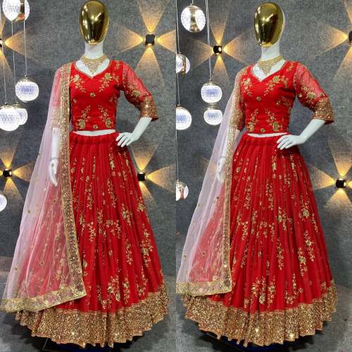 Red Color Faux Georgette Lehenga Choli With Embroidery Work 