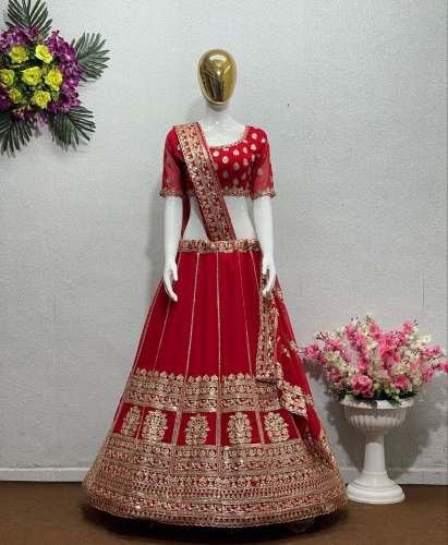 Red Color Faux Georgette Lehenga Choli With Sequence Work 