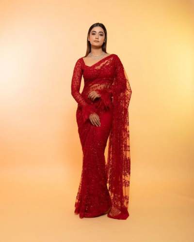 Red Color Faux Georgette Saree With Embroidery Cut Work Saree 