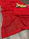 Red Color Faux Georgette Saree With Embroidery Cut Work Saree  thumb 3
