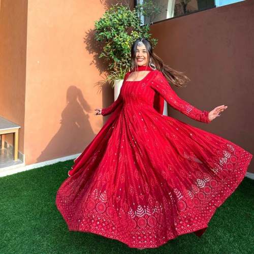 Red Color Fox Georgette Gown & Dupatta With Sequence Work 