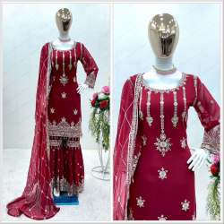 Red Color Fox Georgette Sharara Set With Sequence Embroidery Work 